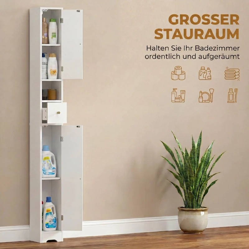 HOMCOM Badezimmerschrank schmaler Badschrank mit Schublade gewölbten Türen offenem Fach verstellbare Ablage 20x20x185 cm Weiß