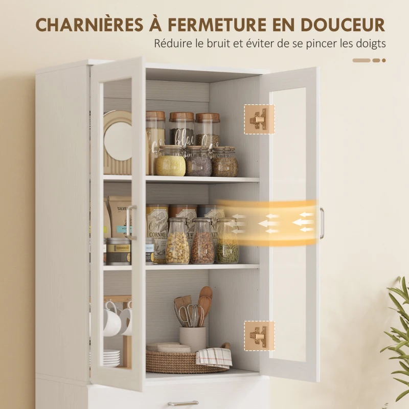 HOMCOM Buffet haut cuisine, armoire de cuisine, 4 portes dont 2 en verre, tiroirs, étagères réglables, 60x35x180cm, blanc