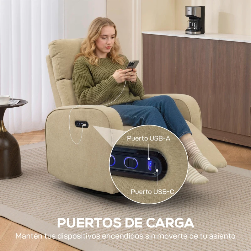 HOMCOM Sillón Relax Reclinable Eléctrico Giratorio y Balancín con Doble Motor Reposacabezas Ajustable Puertos USB Reposapiés
