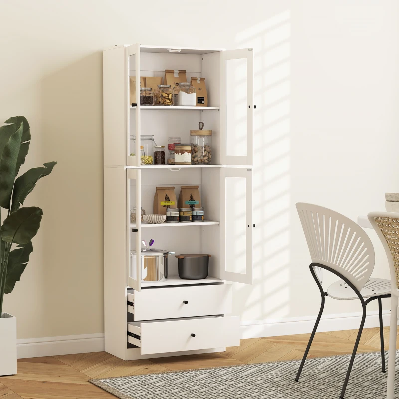 HOMCOM Alacena de Cocina Alta con 4 Puertas de Vidrio 2 Cajones Estantes Ajustables 59x30x170 cm Blanco