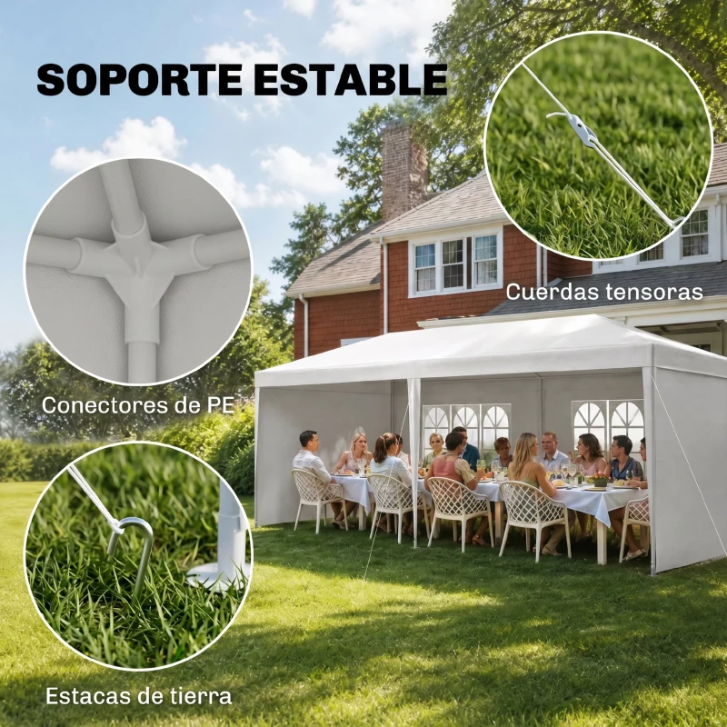 Outsunny Carpa de Jardín 6x3m con 4 Paredes Laterales 2 Ventanas Visibles Cenador Gazebo de Exterior para Fiestas Eventos Blanco