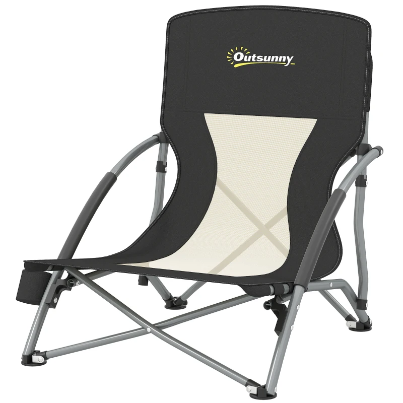 Outsunny Sedia da Spiaggia Pieghevole con Schienale a Rete e Portabicchieri, in Metallo e Tessuto Oxford, 58x55x62 cm, Nero