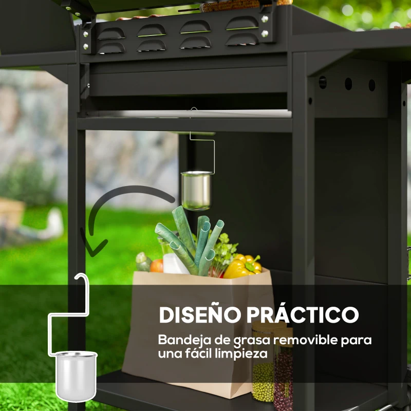 Outsunny Barbacoa de Gas con 3 Quemadores Parrilla para 5-9 Personas Quemador Lateral Termómetro y Ruedas 123x58x98 cm Negro