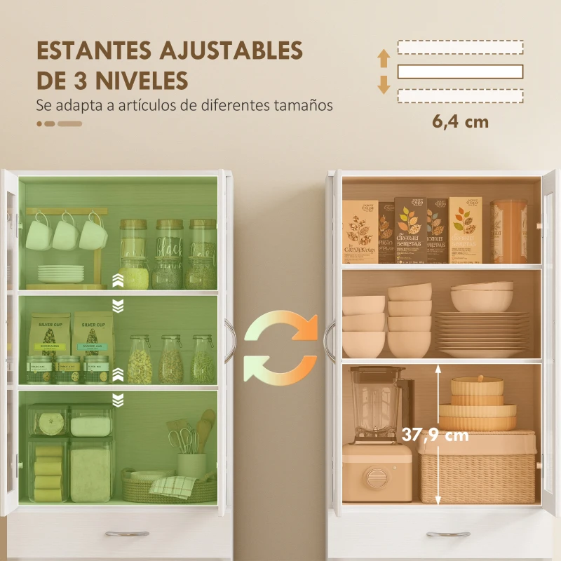 HOMCOM Alacena de Cocina con Puertas de Vidrio Cajón Estantes Ajustables para Comedor Salón 60x35x180 cm Blanco