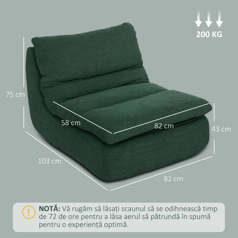 HOMCOM Scaun de podea modern și tapițat din material textil cu efect de catifea verde și spumă, 82x103x75 cm