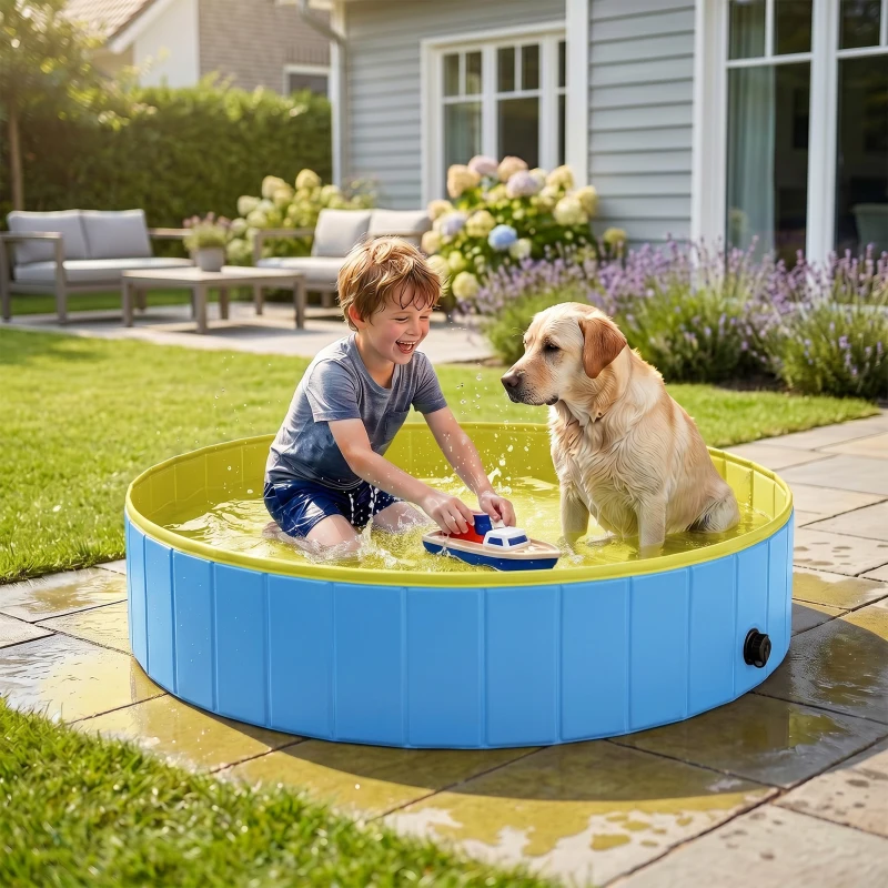 PawHut Foldable Dog Pool for Puppies and Ducks Dog Paddling Pool Bath Tub, Blue, 160 x 30cm