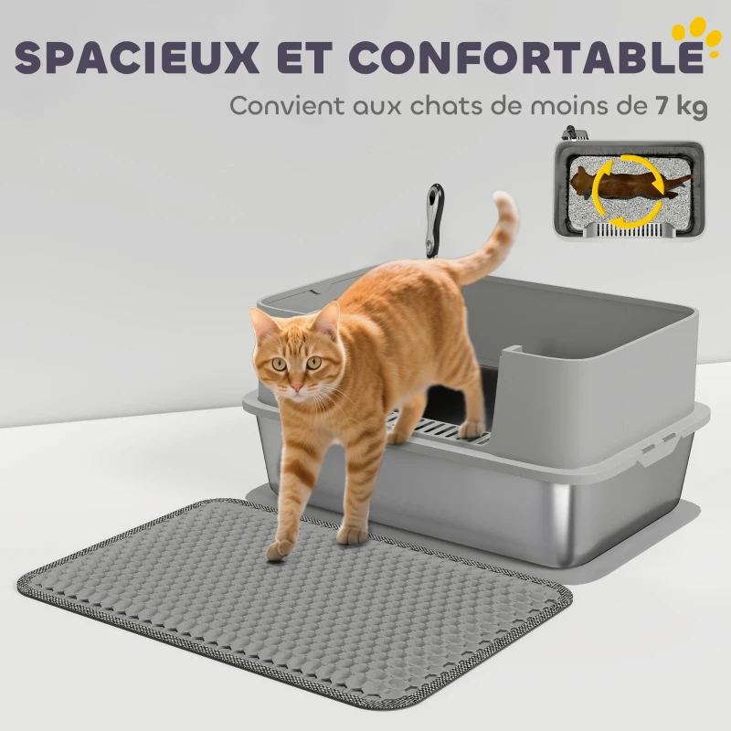 PawHut Bac à litière XL en acier inoxydable, maison de toilette pour grand chat, nettoyage facile 60,2 x 40,2 x 29,5 cm, gris