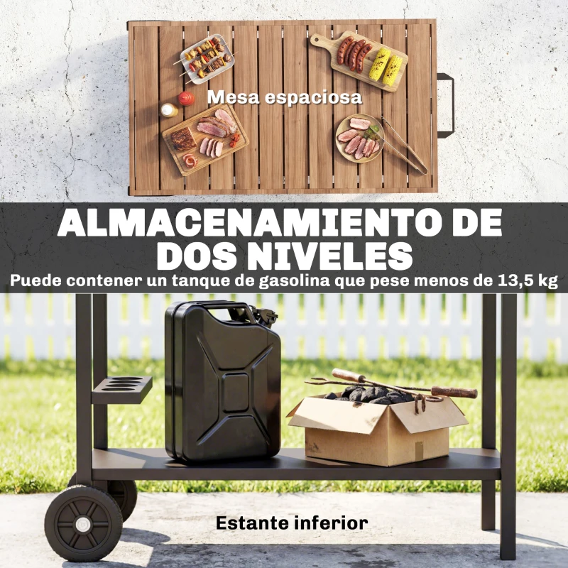 Outsunny Carrito de Barbacoa de 2 Niveles Mesa Auxiliar para Barbacoa Móvil con Ruedas Portabebidas Ganchos Asa Negro y Marrón