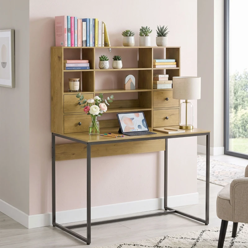 HOMCOM Computertisch mit 4 Schubladen und Regalen, Schreibtisch 105 cm, Naturholz
