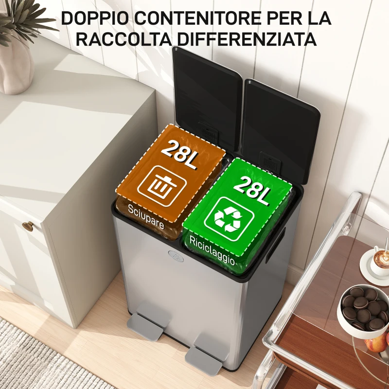 HOMCOM Pattumiera Differenziata 28L con 2 Scomparti a Chiusura Silenziosa, in Acciaio Inox e PP, 45.8x36x67.6 cm, Argento