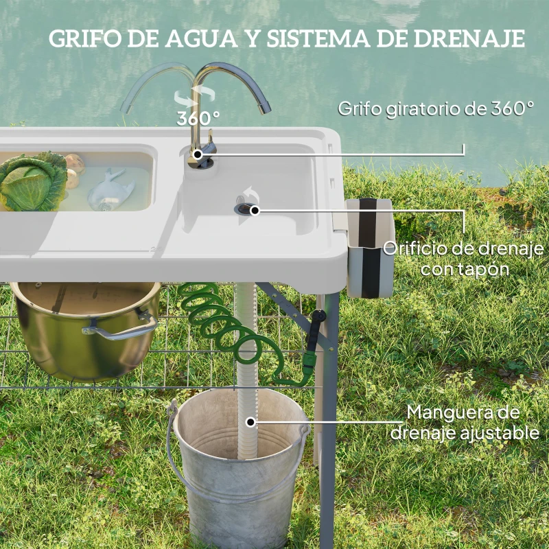 Outsunny Mesa Plegable para Camping con 2 Fregaderos Manguera de Drenaje Estación de Limpieza y Grifo Blanco