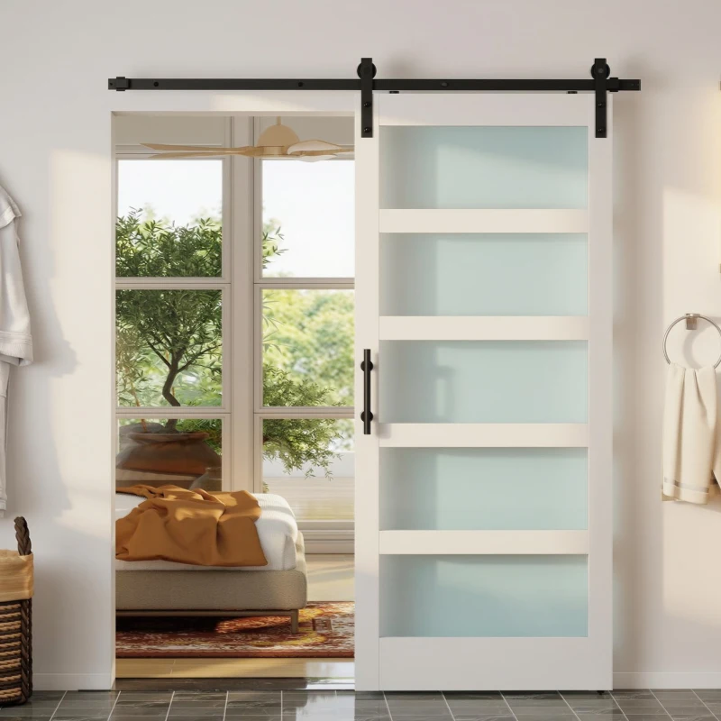 HOMCOM Ușă Glisantă 91,4 x 213,4 cm cu Kit, Panouri din Sticlă, Aspect Lemn Alb