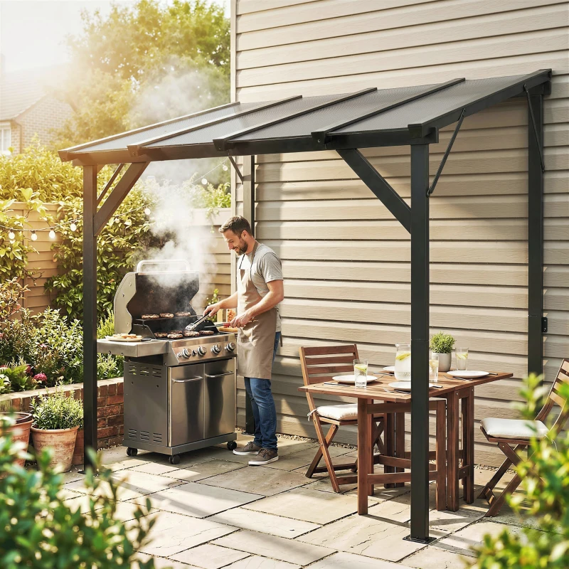 Outsunny Grillpavillon 2,44 x 1,48 m Gartenpavillon mit Pultdach, Gartenlauben mit UV-Schutz 50+ Dunkelgrau