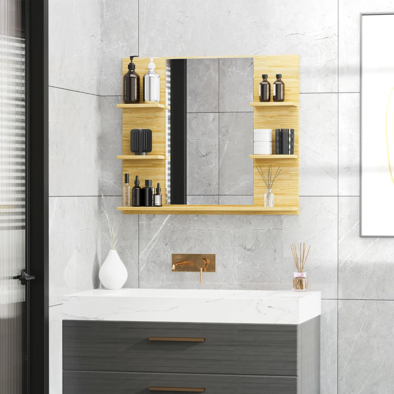 kleankin Specchio da Parete Rettangolare per Bagno con 4 Ripiani Laterali e Ampio Ripiano Inferiore, in MDF e Vetro, 80x12.5x70cm