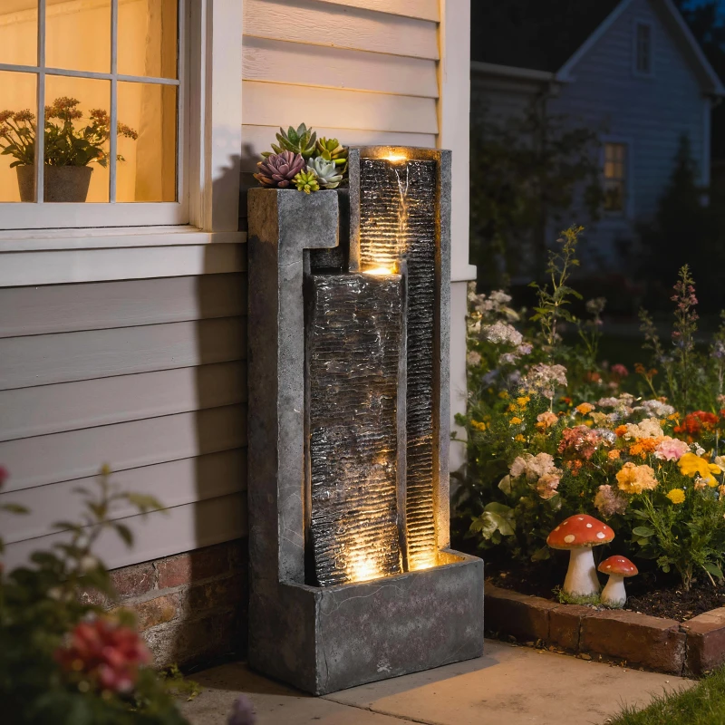 Outsunny Fontaine de jardin extérieure cascade 3 niveaux fontaine eau jardinière et mur d'eau moderne lumineuse 24 LED 101cm gris