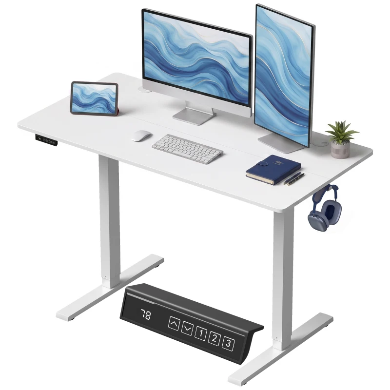 HOMCOM Escritorio Elevable Eléctrico 120x60 cm con 3 Memorias Pantalla LED 2 Ganchos y 2 Pasacables Blanco