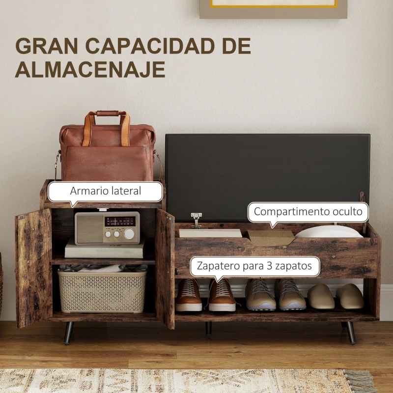 HOMCOM Banco Zapatero Industrial con Asiento Acolchado Compartimento Oculto Estantes Puertas 127x35x59 cm Marrón Rústico