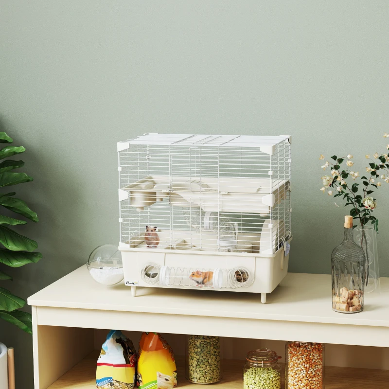 PawHut Gabbia per Criceti a 2 Livelli e 3 Porte con Ruota e Tubi, in Acciaio, PS e PP, 44.5x28x44 cm, Crema e Bianco