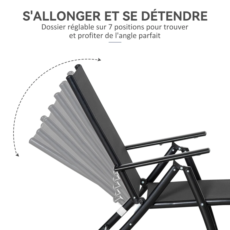 Outsunny Lot de 2 bain de soleil, chaise longue pliante, dossier réglable 7 positions, cadre en aluminium, 64x134x95cm, noir