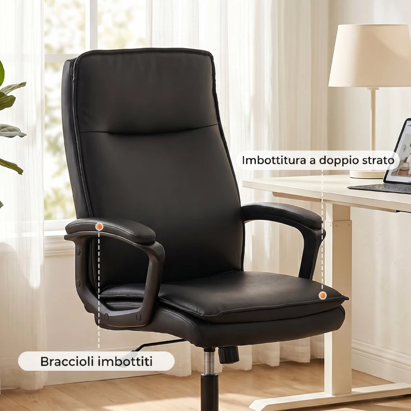 HOMCOM Sedia Ufficio Girevole in Pelle PU, Funzione Dondolo, Schienale Alto, Altezza Regolabile, Capacità 120kg, Nero