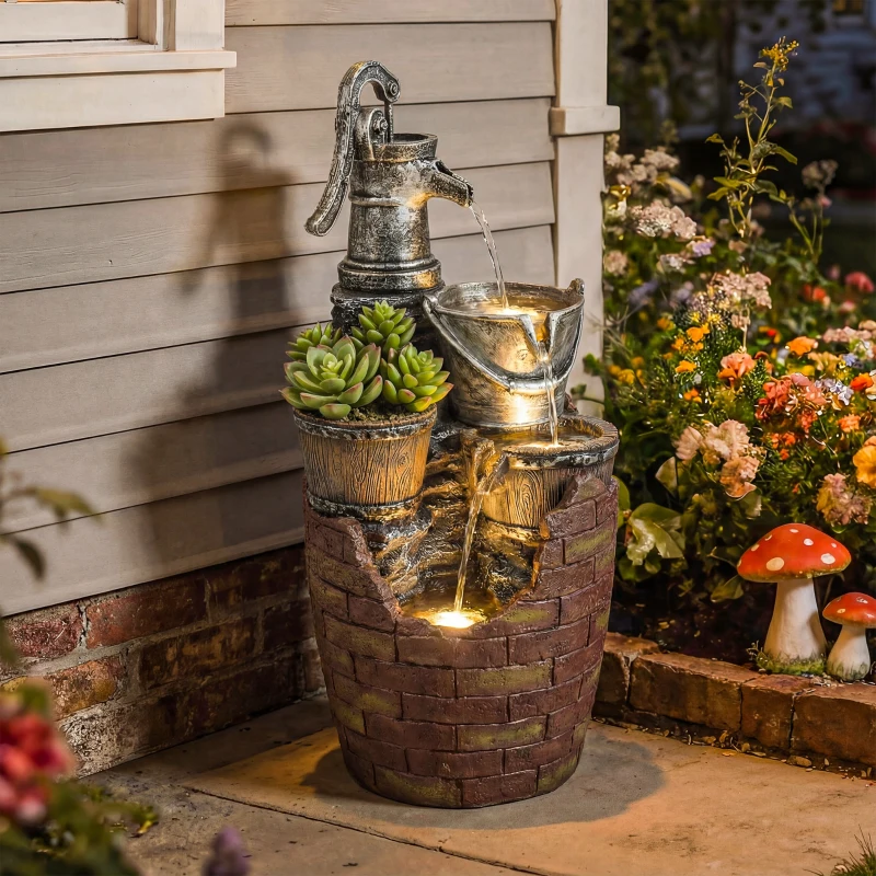 Outsunny Springbrunnen 4-stufig rustikal Gartenbrunnen mit LED Beleuchtung Pflanzkübel Pumpe, Verstellbar 34 x 31 x 76 cm