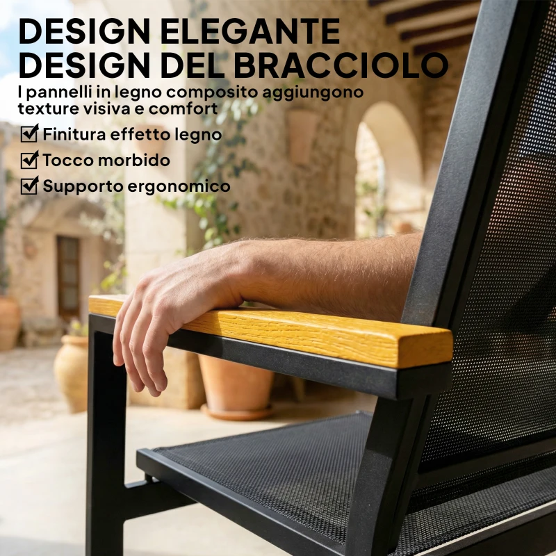 Outsunny Mobili da Giardino 4pz con Tavolino da Caffè in Vetro Temperato e 3 Sedute in Tessuto Teslin, Nero