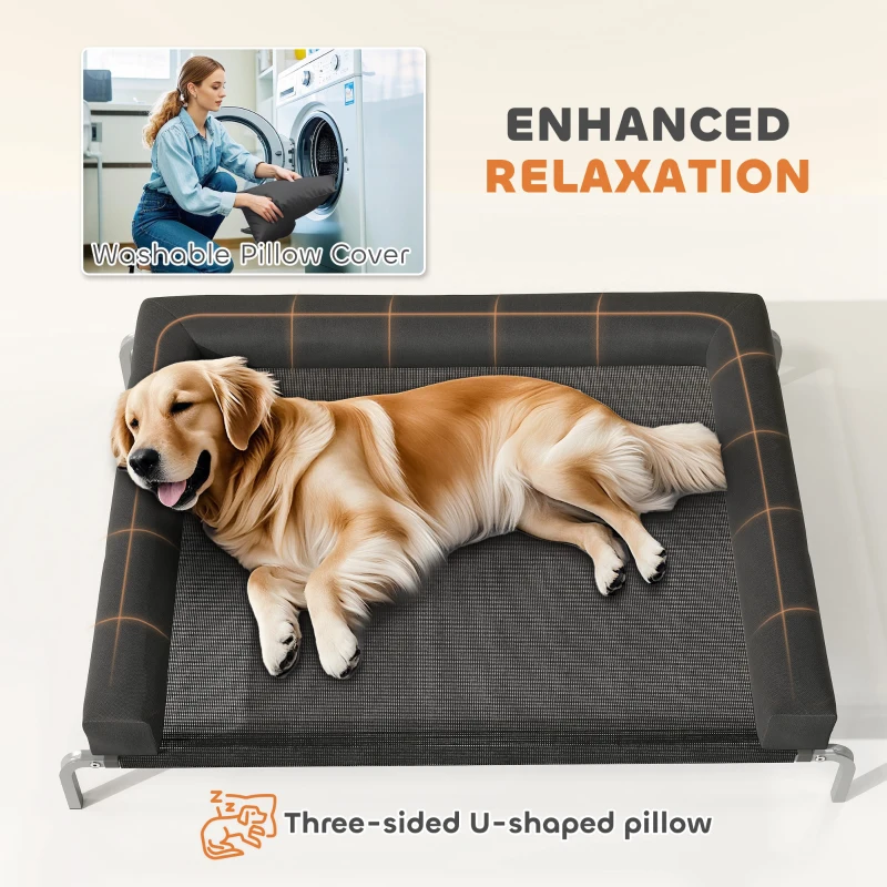 PawHut Elevated Dog Bed with Removable Bolsters, Raised Dog Bed for Large Breeds, Portable Indoor & Outdoor Pet Cots, Black