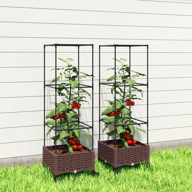 Outsunny Jardinieră Înălțată cu Spalier 20L, Roți Blocabile și Sistem de Autoirigare, Maro