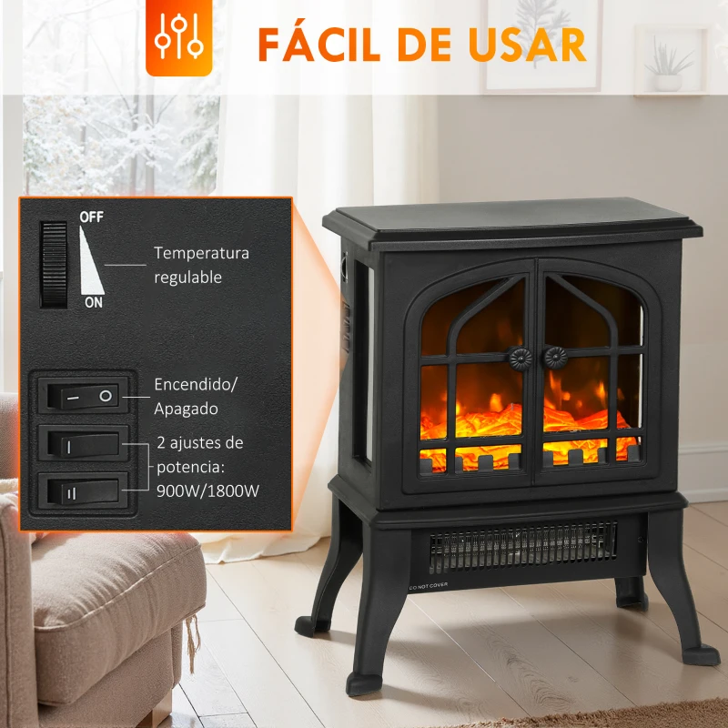 HOMCOM Chimenea Eléctrica de Pie  900/1800W Efecto Llama 3D Termostato Ajustable Ventanas Visibles para 15-30 ㎡ Negro