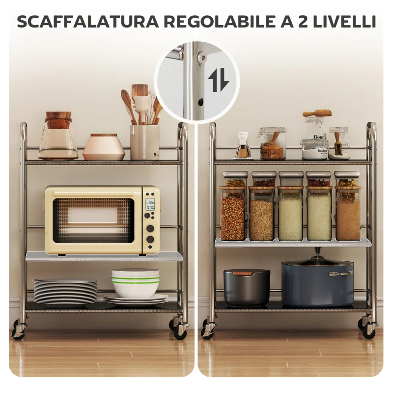 HOMCOM Carrello Multiuso a 4 Livelli con Ripiano Centrale Regolabile e Bordi Rialzati, in Acciaio Inox, 60x35x77 cm