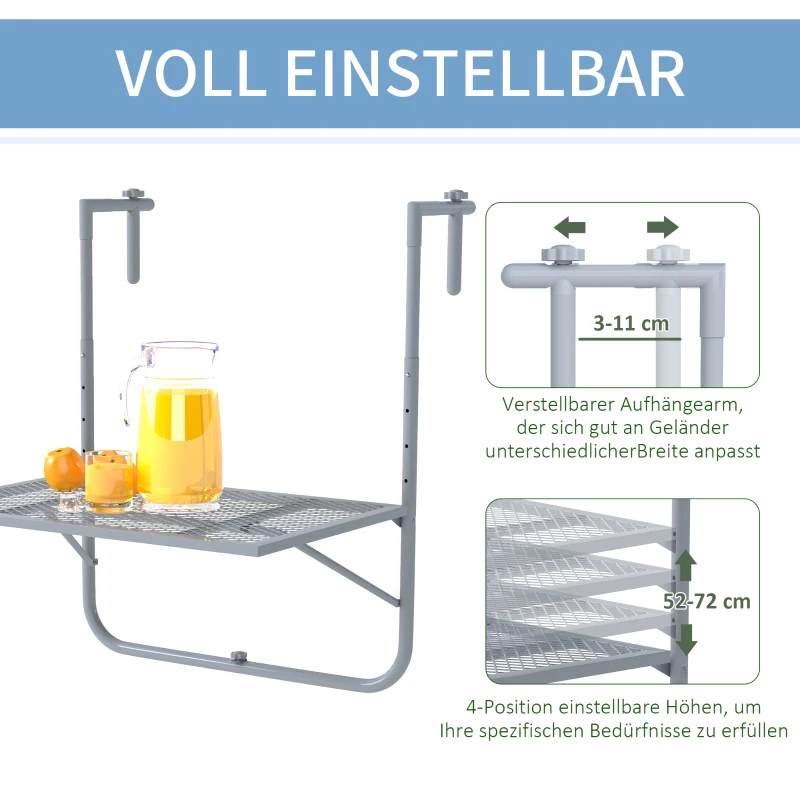 Outsunny Balkonhängetisch klappbar 4-fach höhenverstellbarer Hängetisch aus Metall wetterfest Balkontisch 60x40 cm Grau