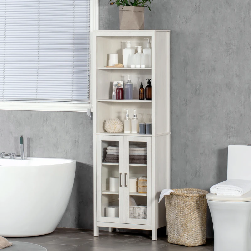 kleankin Columna de Baño con 2 Puertas de Vidrio y 3 Estantes Mueble Auxiliar de Estilo Moderno 53x30x162 cm Blanco