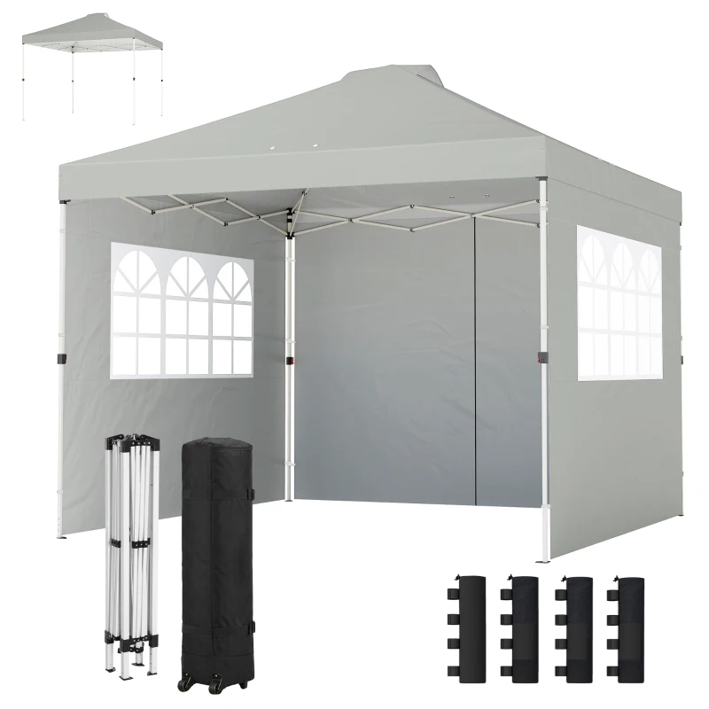 Outsunny Pavillon ca. 3x3 m Wasserdicht Höhenverstellbar Pop-up Faltpavillon mit 3 Seitenwänden Fenster Lüftung, UV 50+ Hellgrau