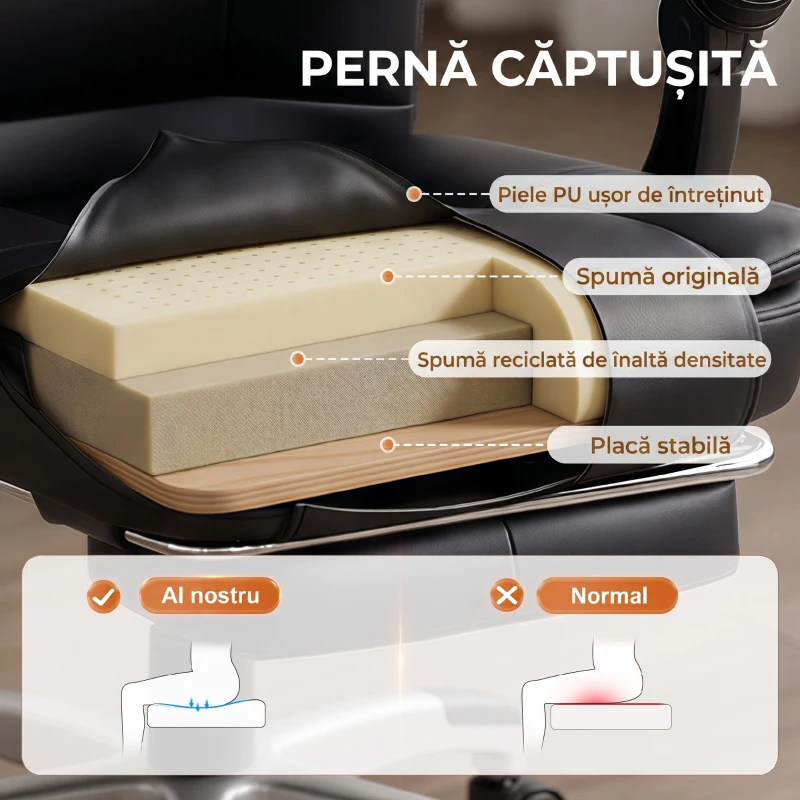 HOMCOM Scaun Birou Ergonomic Reclinabil Rotativ din Piele PU cu Suport pentru Picioare, Înălțime Reglabilă, Negru