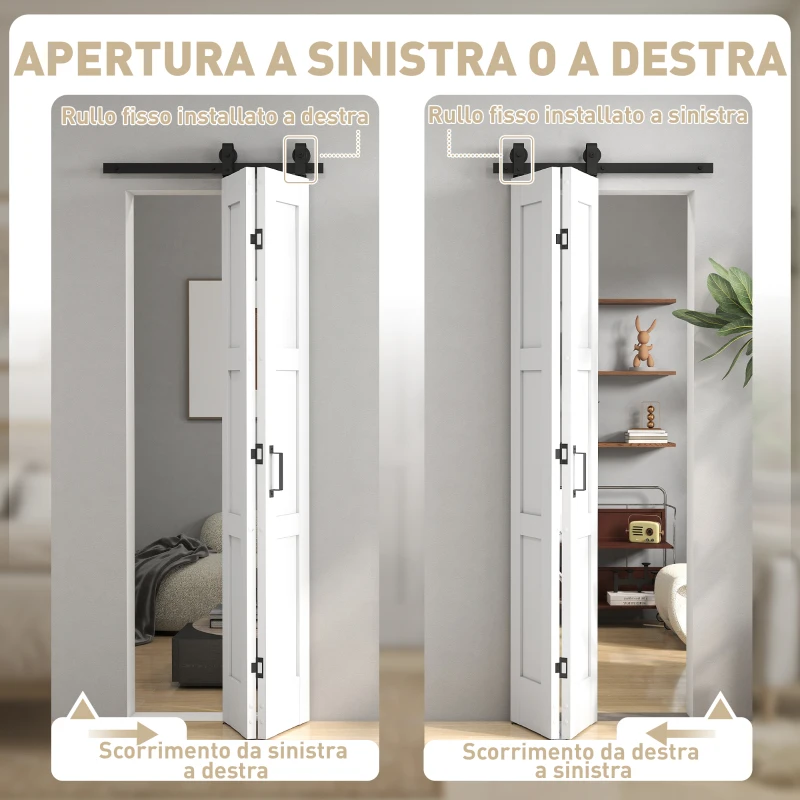 HOMCOM Porta Scorrevole Pieghevole in Legno 71.2x213.4 cm con Binario in Acciaio, Maniglia, Guida e Ruote, Bianca e Nera