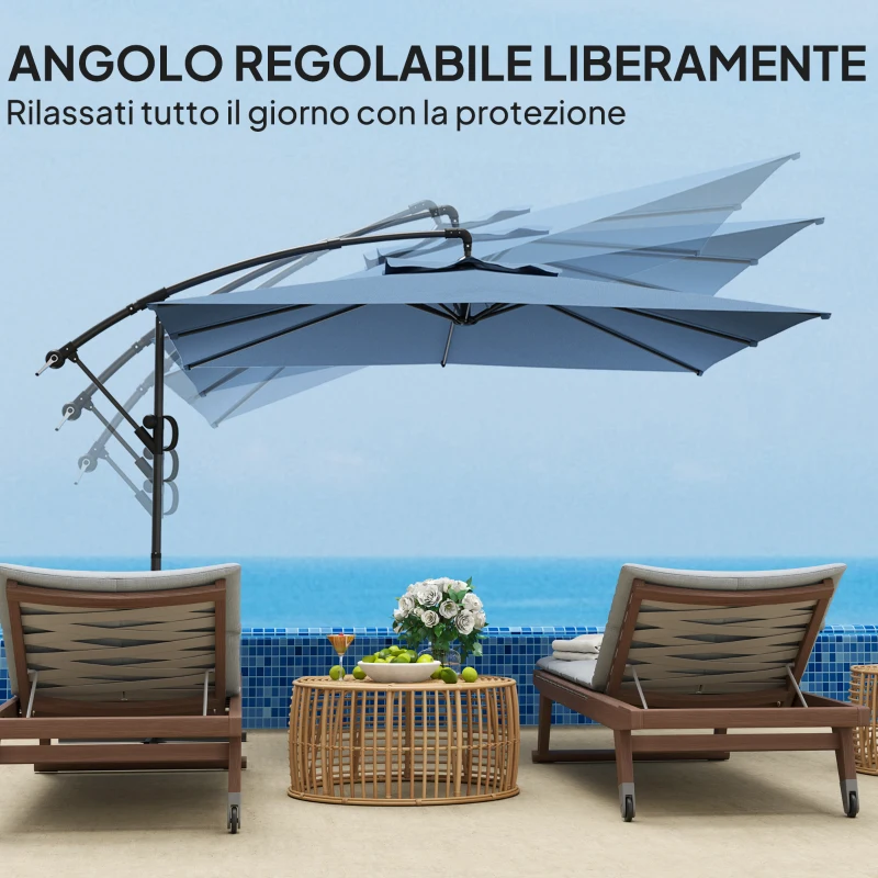 Outsunny Ombrellone Decentrato con Base e Croce, Prese d'Aria e Manovella, in Metallo e Poliestere, 3x3.25 m, Blu