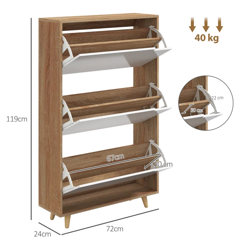 HOMCOM Meuble à chaussures 3 abattants avec étagère réglable, 72L x 24P x 119H cm, naturel et blanc