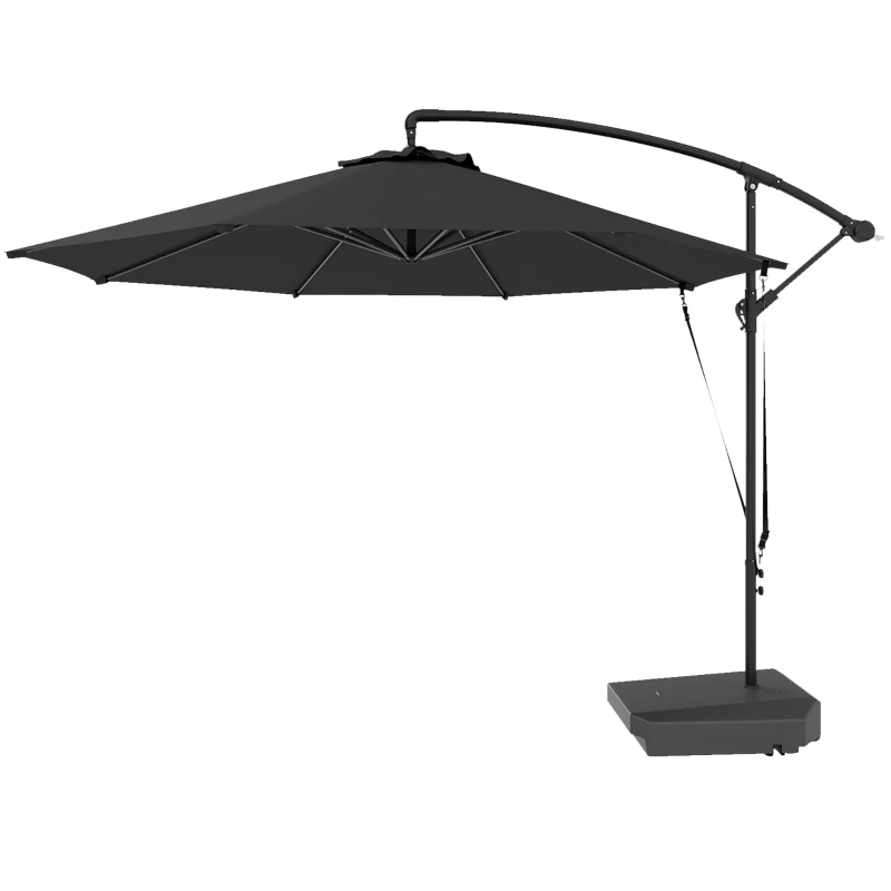 Outsunny 3(m) Garden Cantilever Parasol with Fillable Base up to 90kg, Wind Protection Strap, Cover, Round Banana Hanging Umbrella with Crank Handle and Tilt, UPF50+ Patio Umbrella, Grey