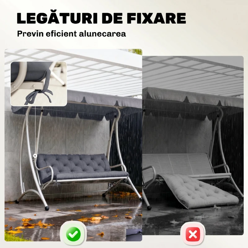 Outsunny Pernă de Grădină Modernă pentru Locuri de Ședere Exterioare cu 6 Curele, Pernă Exterioară Umplută cu Bumbac și Poliester, pentru Canapele, Balansoare, Bănci, 150x98x8 cm, Gri Închis