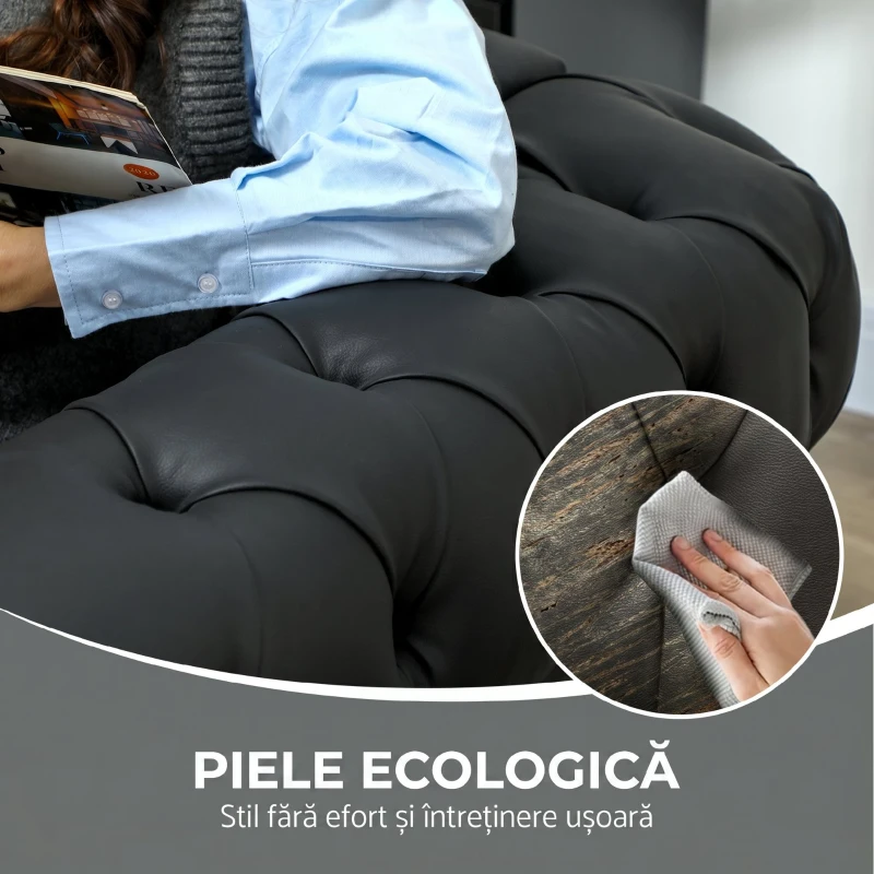 HOMCOM Fotoliu Stil Chesterfield din Piele Ecologică PU cu Picioare din Lemn, Negru