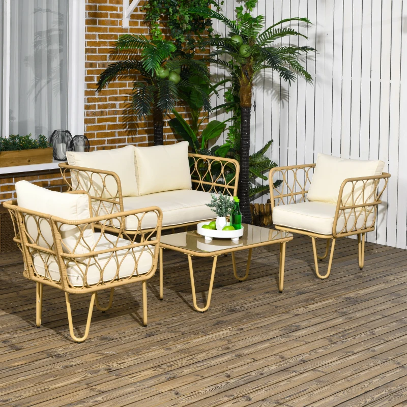Outsunny Ensemble salon de jardin canapé 2 places + 2 fauteuils + 1 table basse plateau verre trempé 7 coussins écru