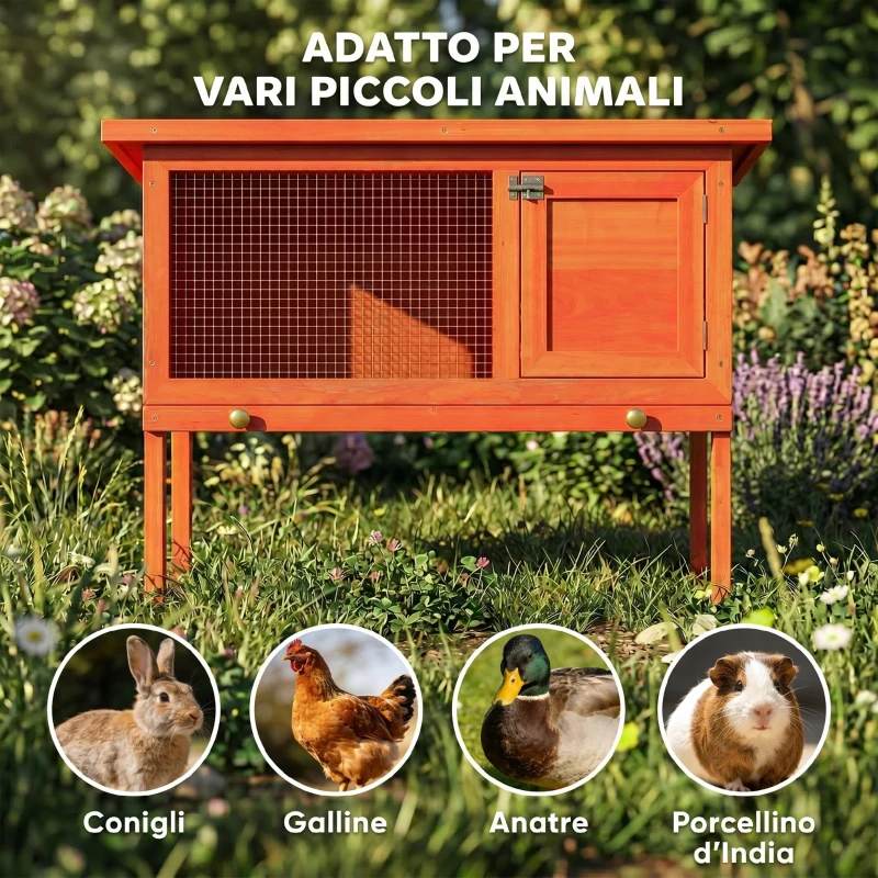 PawHut Conigliera da Esterno in Legno di Pino con Vassoio Estraibile, Tetto Apribile e Porta con Serratura, Arancione