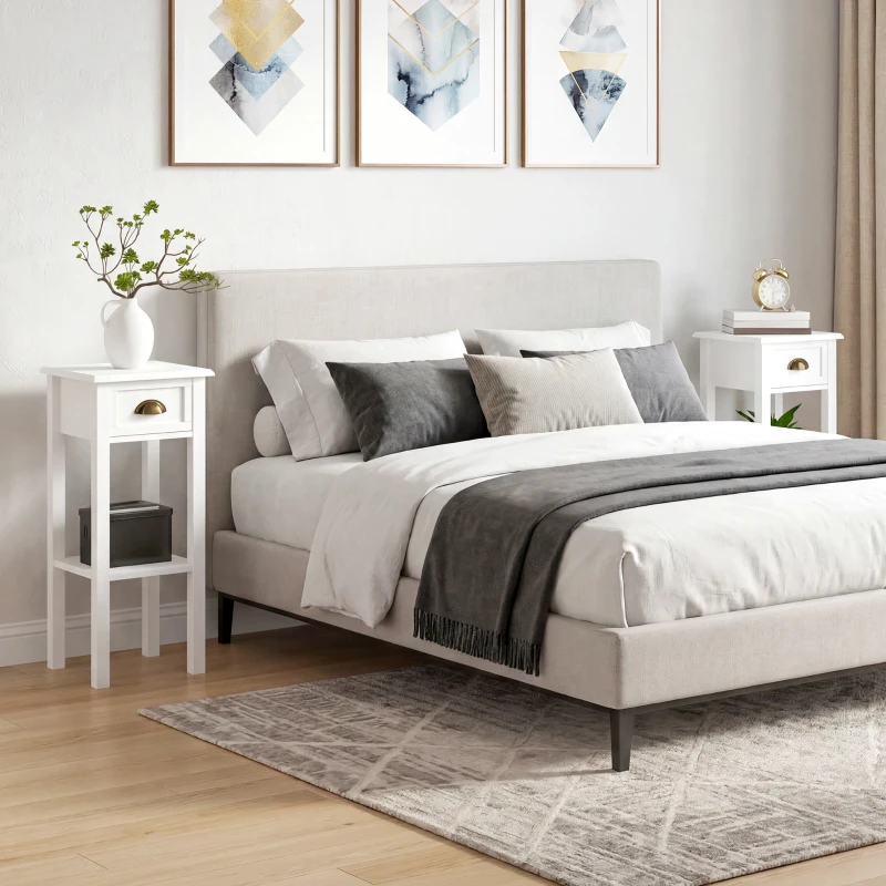 HOMCOM Lot de 2 tables d'appoint Table de Chevet style sophistiqué avec tiroir, étagère inférieure, 30 x 30 x 75 cm, blanc