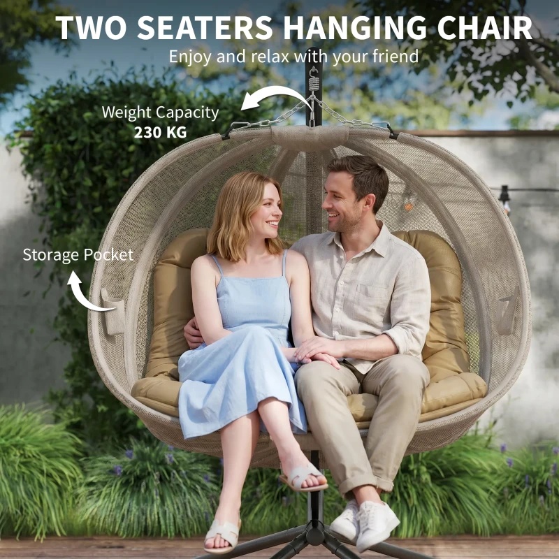 Outsunny Double Hanging Egg Chair 2 Seaters Texteline Swing Hammock Chair with Stand, Cushion and Folding Design, for Indoor and Outdoor, Brown