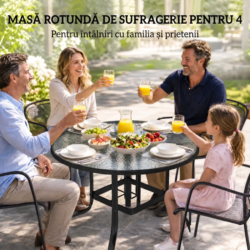 Outsunny Masă de Grădină Rotundă cu Orificiu pentru Umbrelă, din Metal și Sticlă Temperată, Ø96,5x71 cm, Neagră