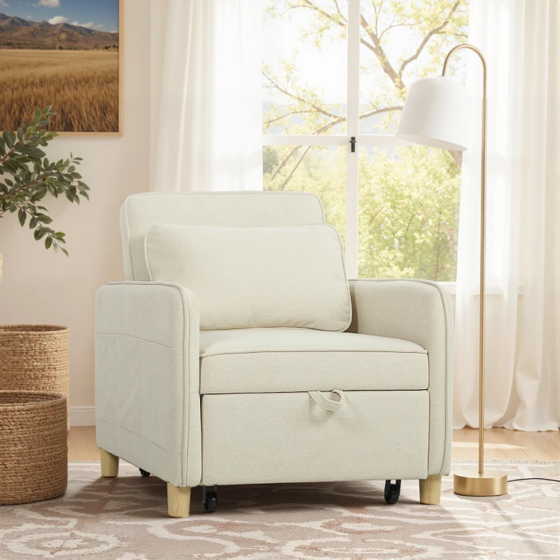 HOMCOM Sillón Cama Individual 3 en 1 Sofá Cama Plegable con Respaldo Ajustable y Cojín para Salón 74x85,5x82 cm Beige