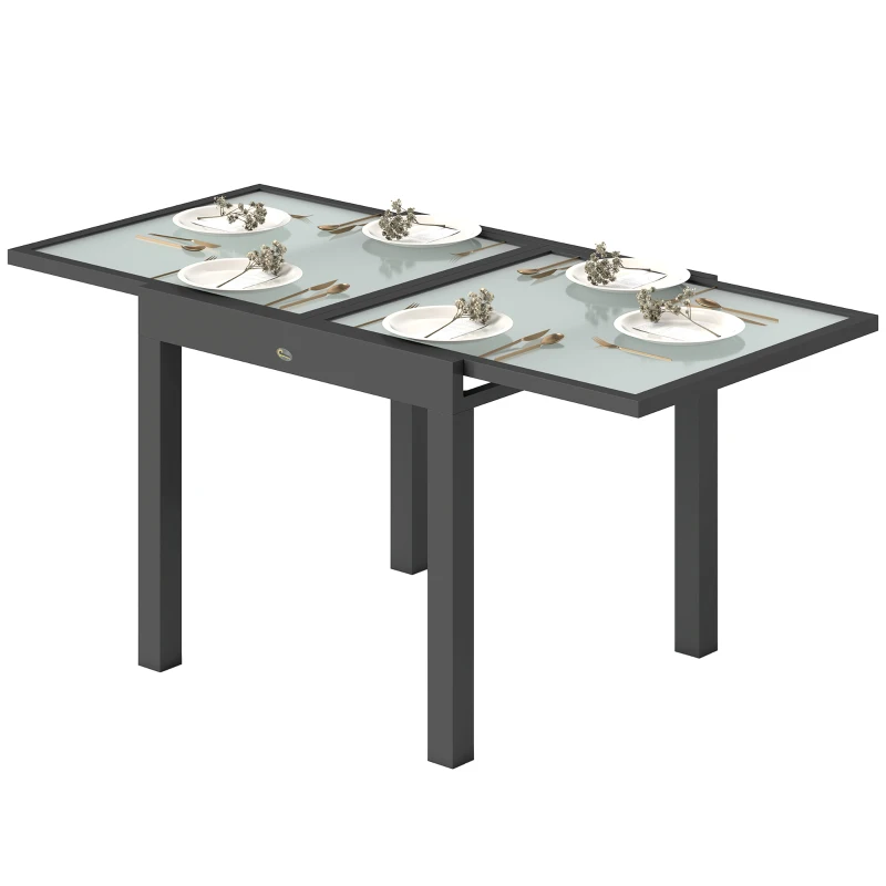Outsunny Tavolo da Pranzo Allungabile da Giardino con Piano in Vetro e Alluminio, 80-160x80x75 cm, Nero e Trasparente