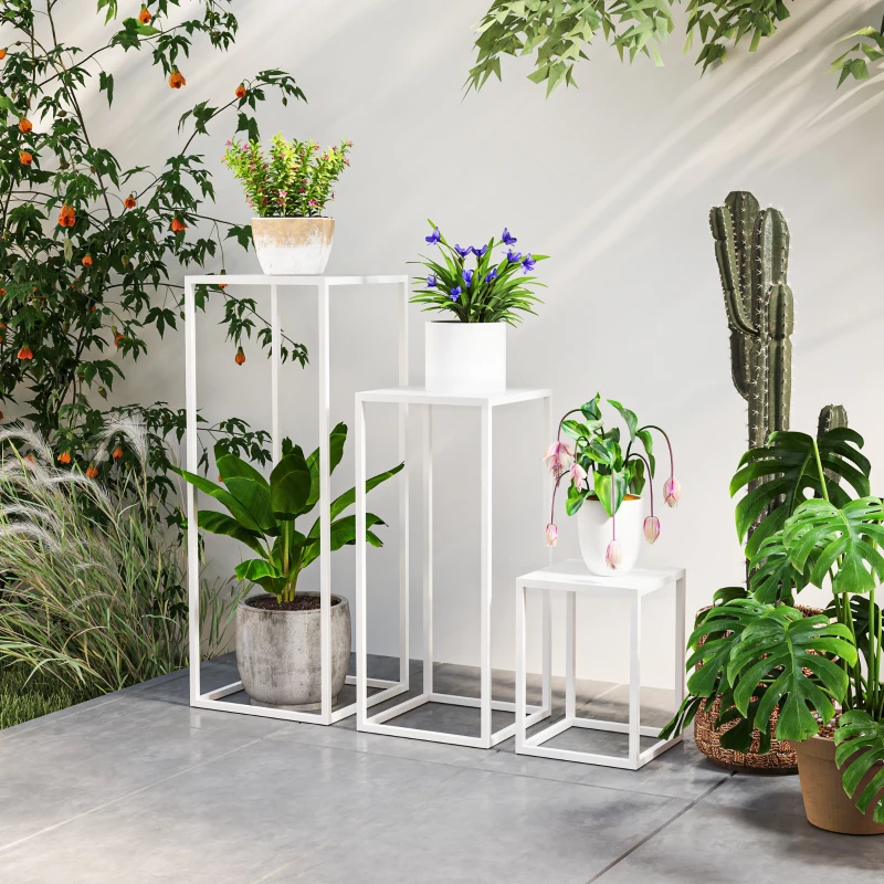 Outsunny Lot de 3 supports pour plantes carré en métal empilable intérieur et extérieur, pour jardin, balcon, maison, blanc
