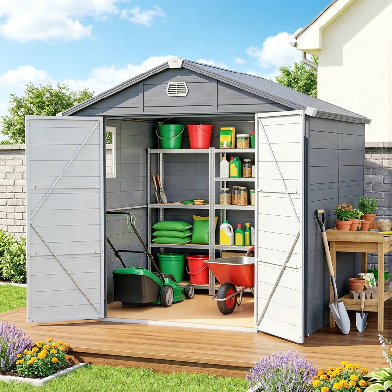 Outsunny Abri de jardin en résine 4,56 m² avec kit de fondation galvanisé structure en aluminium 240 x 190 x 228 cm gris foncé(m-15)