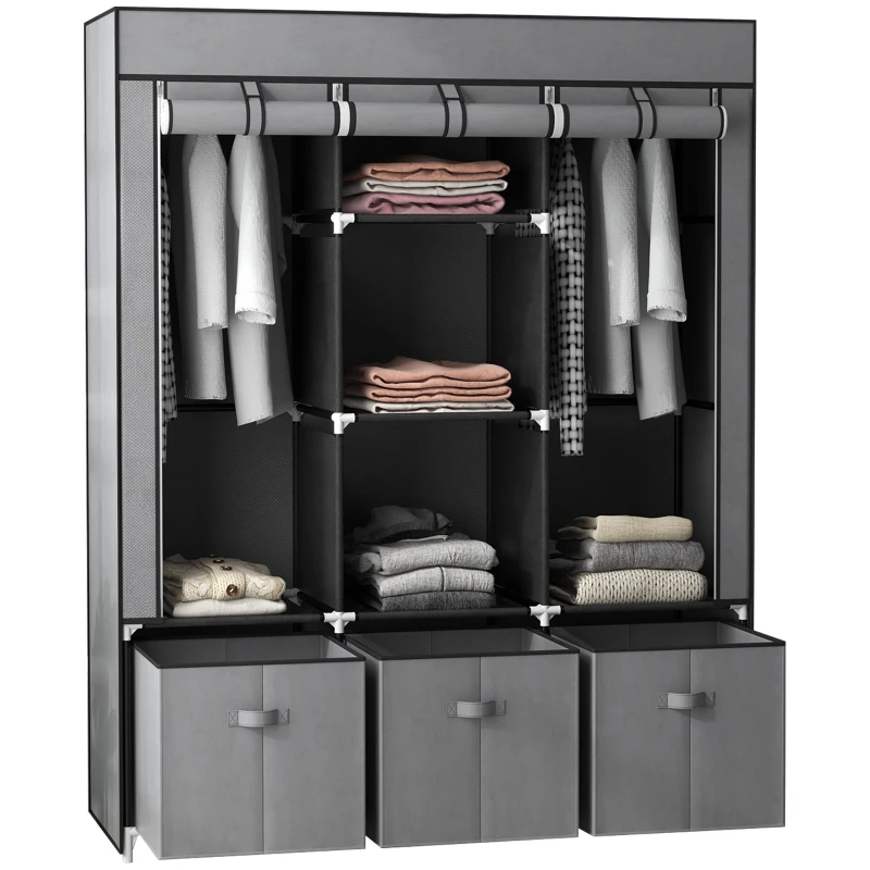 HOMCOM Armoire de rangement en tissu pliable avec 5 étagères, 2 tringles et 3 tiroirs en tissu 125L x 43l x 162.5H cm